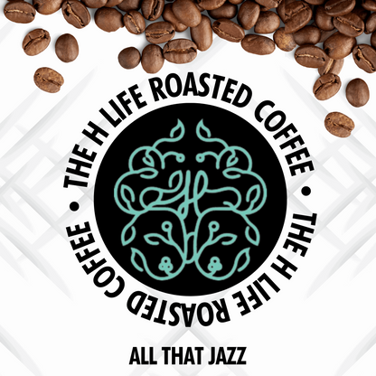 On a white textured background there are coffee beans spilling from the top and The H Life brain logo in the center. The H Life Roasted Coffee lineup highlighting the All That Jazz product.