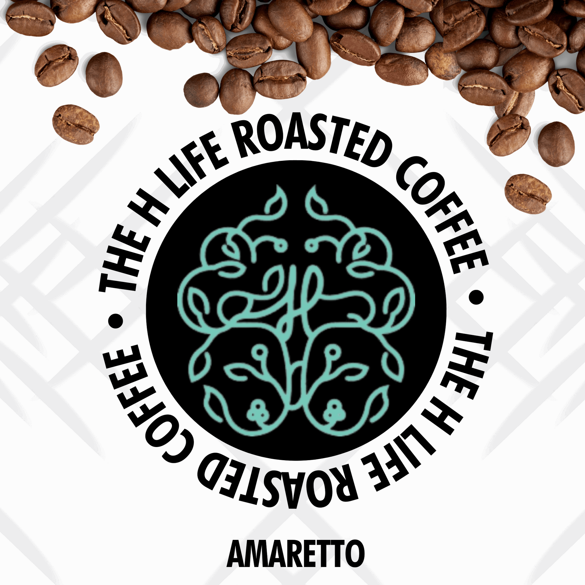 On a white textured background there are coffee beans spilling from the top and The H Life brain logo in the center. The H Life Roasted Coffee lineup highlighting the Amaretto Coffee product.