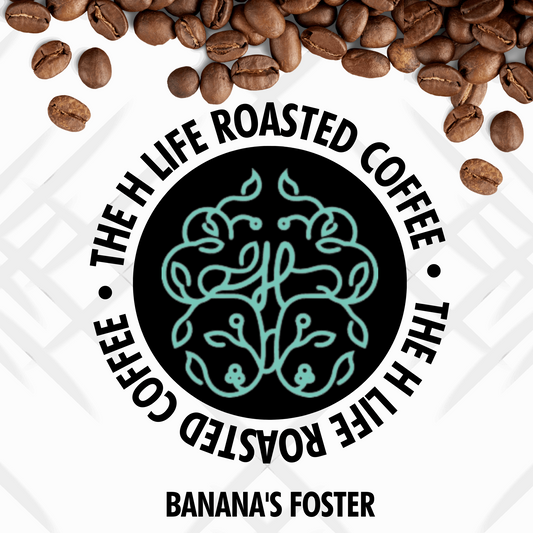 On a white textured background there are coffee beans spilling from the top and The H Life brain logo in the center. The H Life Roasted Coffee lineup highlighting the Banana Foster product.