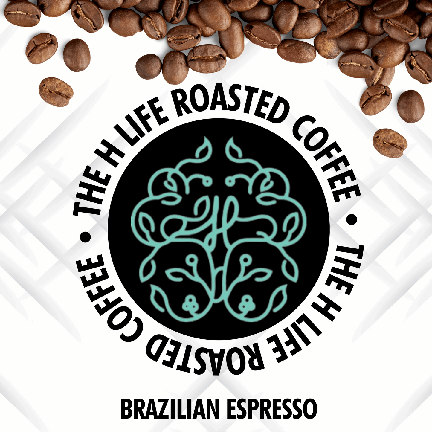 On a white textured background there are coffee beans spilling from the top and The H Life brain logo in the center. The H Life Roasted Coffee lineup highlighting the Brazilian Espressoproduct.